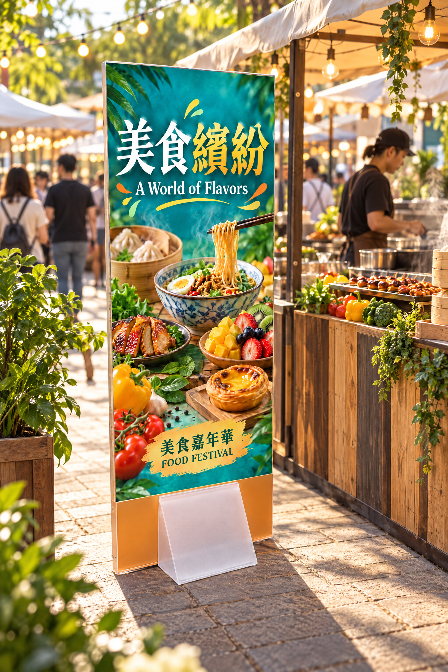 美食節海報架於戶外美食攤位的宣傳情境示意圖